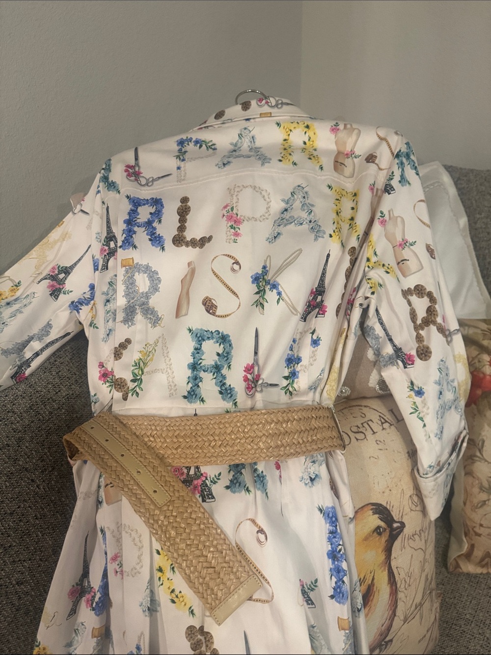 Karl Lagerfeld Cream Floral & Travel Motif Shirt Dress with Raffia Belt - Picture 7 of 12